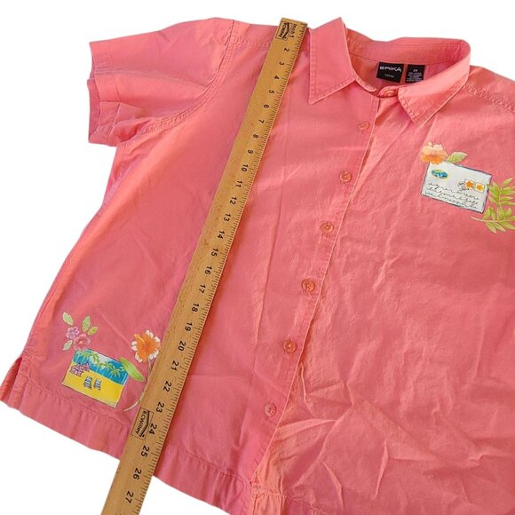 Erika Womens Coral Vacation Postcard Print Button-Up Shirt Size 2X Grandmacore - Picture 12 of 16
